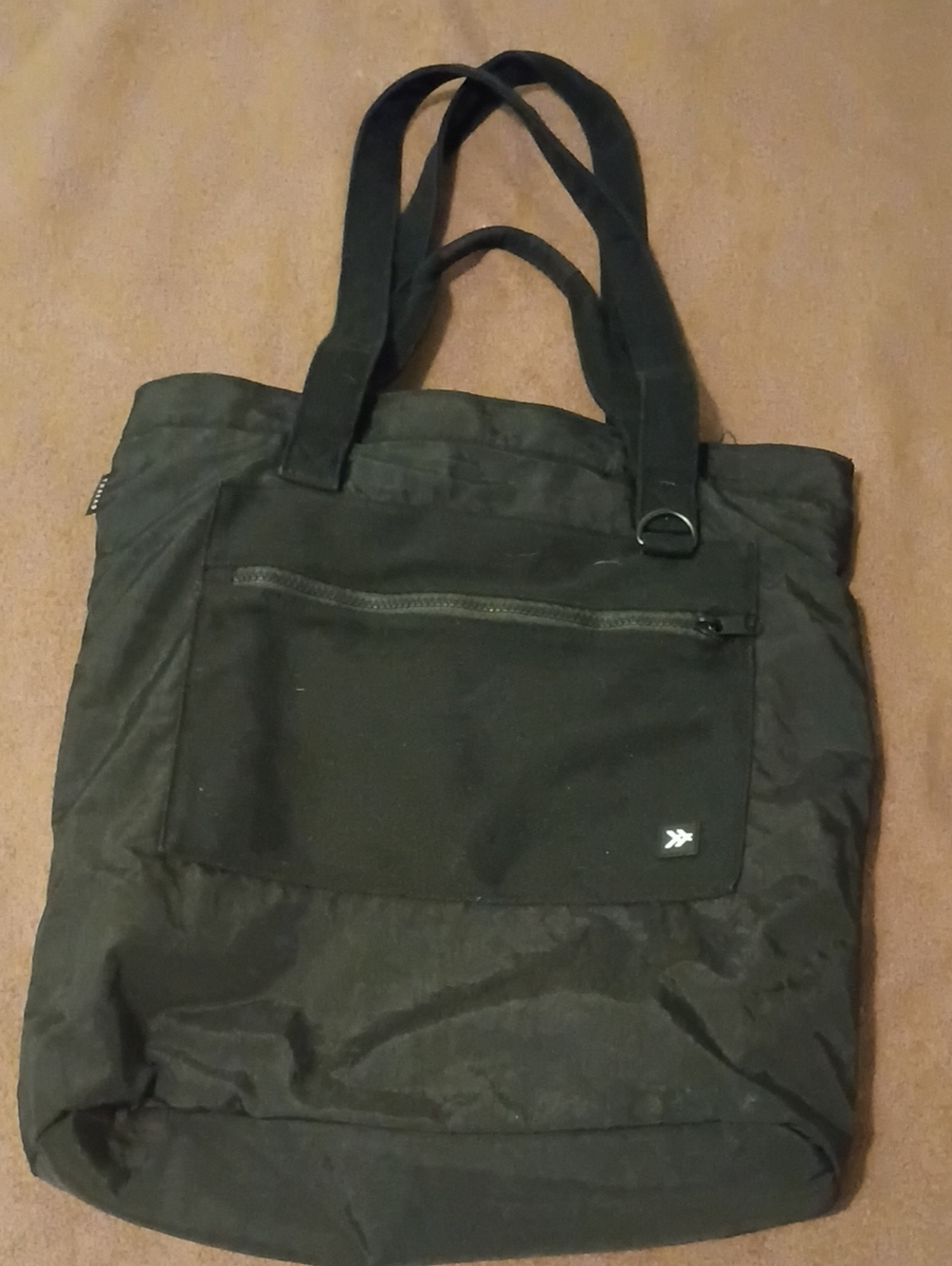 Thread & Supply Black Nylon Messenger Tote with Front Zip Pocket